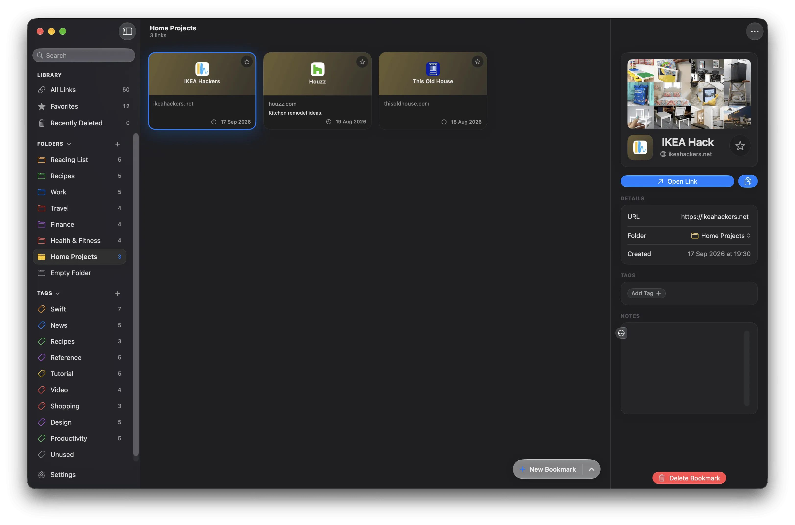 The Home Projects folder selected in the sidebar, its three bookmarks in the middle column