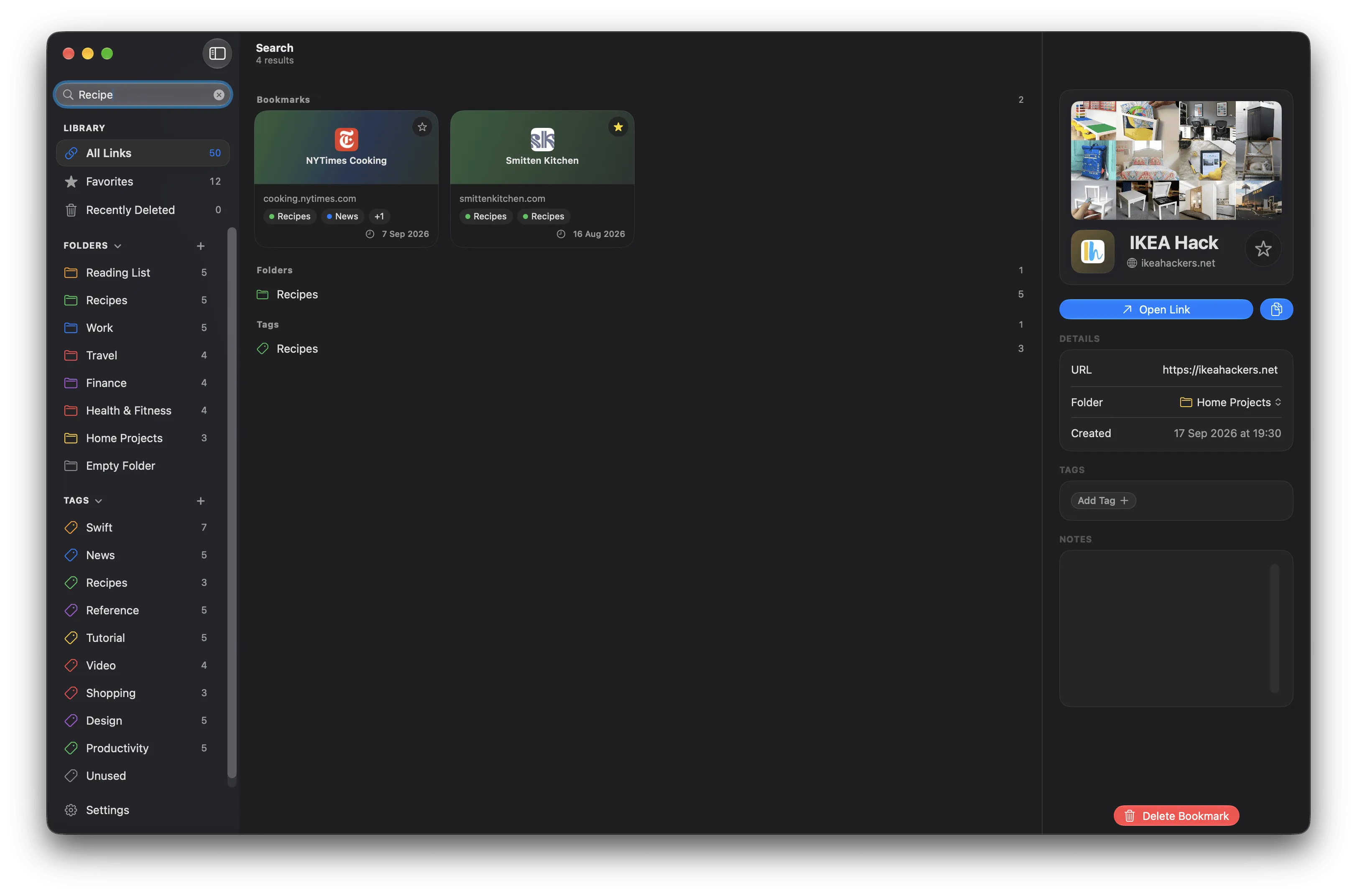 Search results grouped into Bookmarks, Folders, and Tags sections