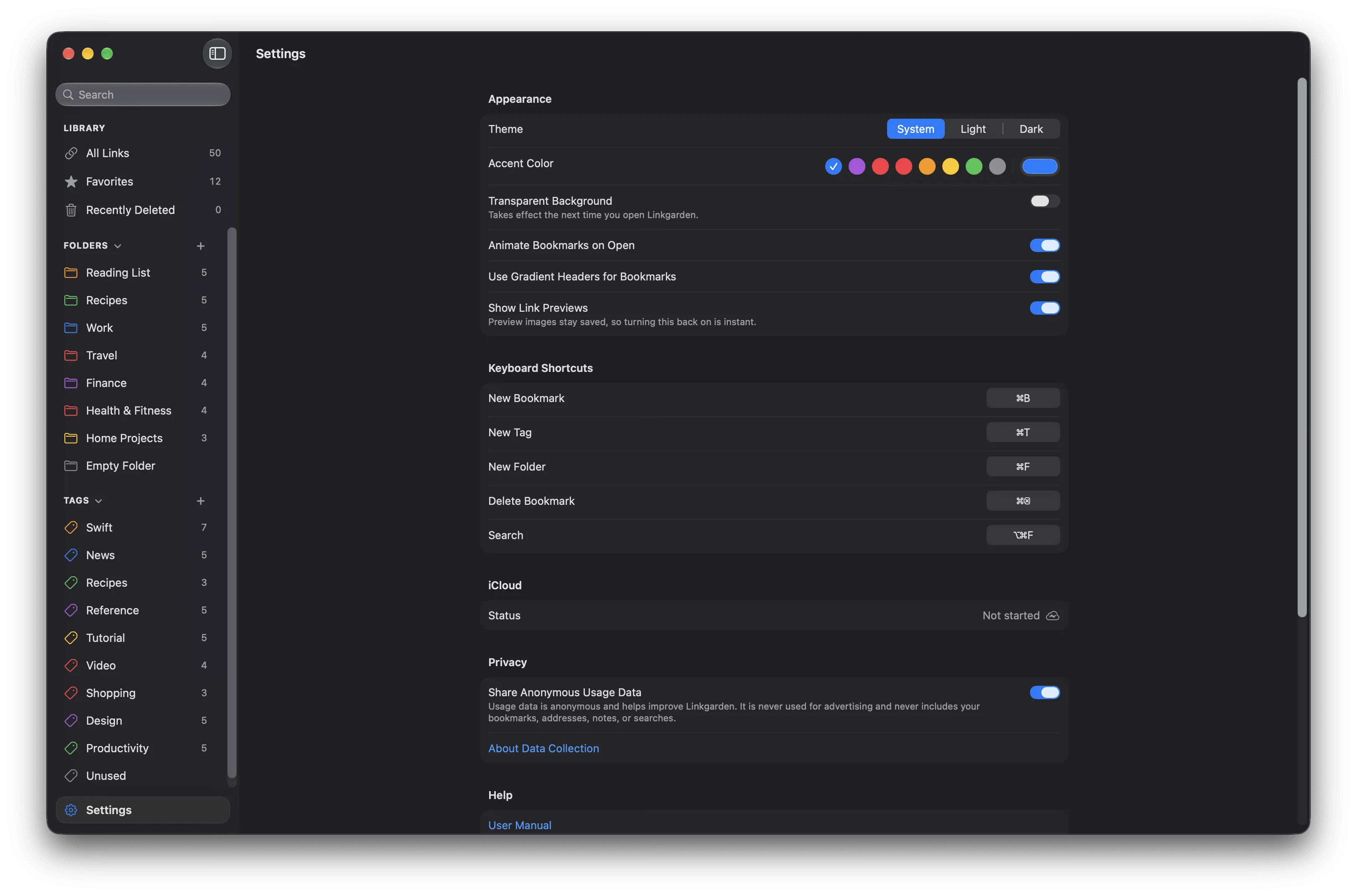 Settings on a Mac showing the Appearance, Keyboard Shortcuts, iCloud, and Privacy sections