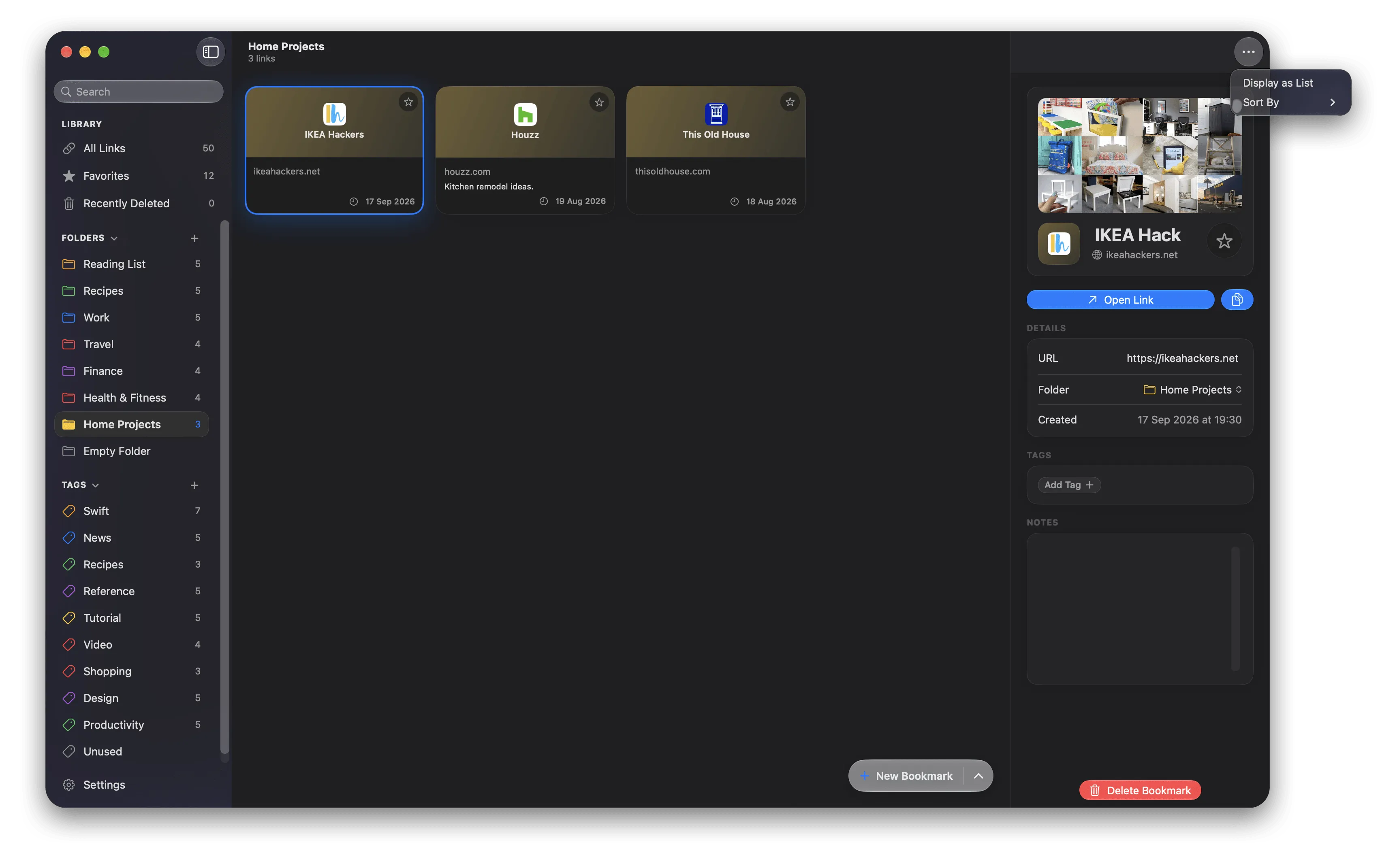 The toolbar menu open, showing Display as List and Sort By